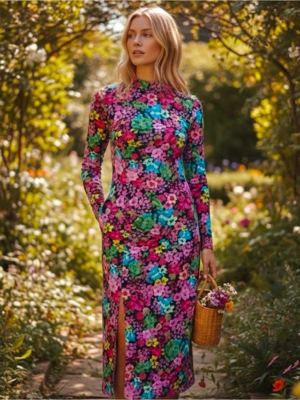 Long-Sleeve Floral Midi Dress in Multicolor